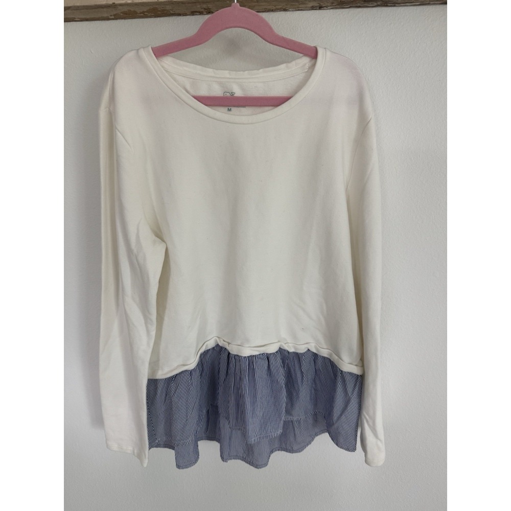 Vineyard Vines Mixed Media Blue White Ruffle Sweater Pullover Women's Sz M